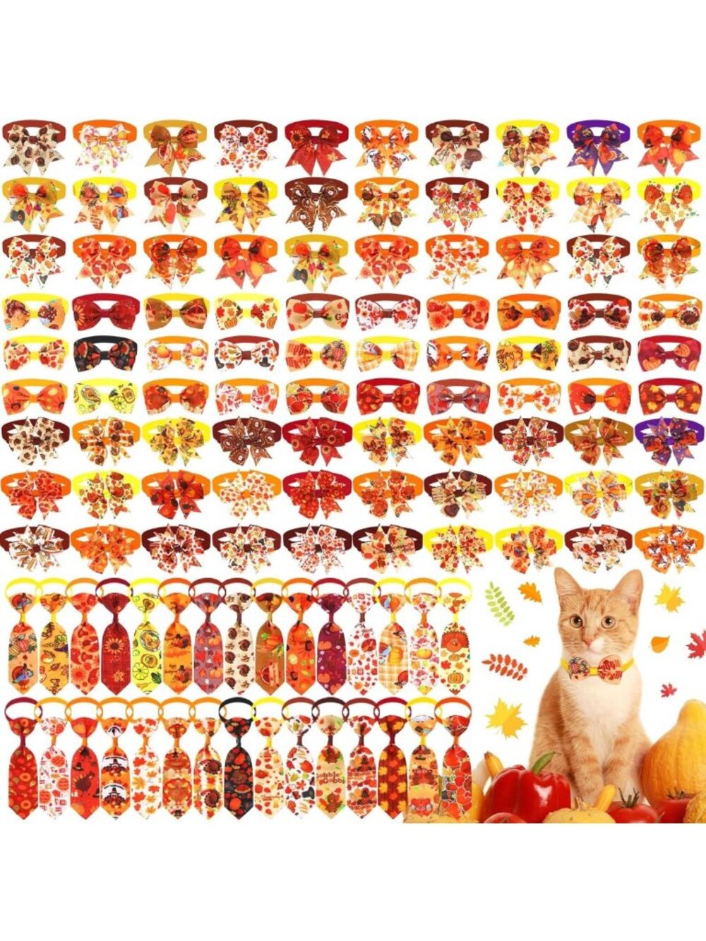 120 Pcs Thanksgiving Dog Bows & Ties - Adjustable Fall Bowties for Pets